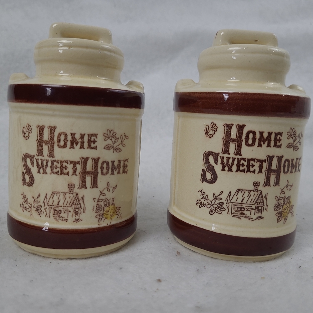 Farmhouse Home Sweet Home Tan And Brown Milk Jug Salt And Pepper Shakers.